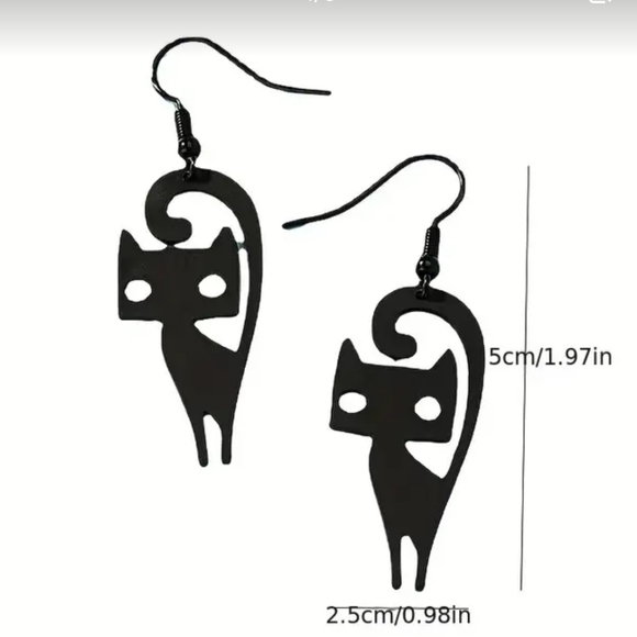 NEW! Halloween Black Cat Dangle Earrings 2" Mid Century Modern, on trend! - Picture 4 of 5